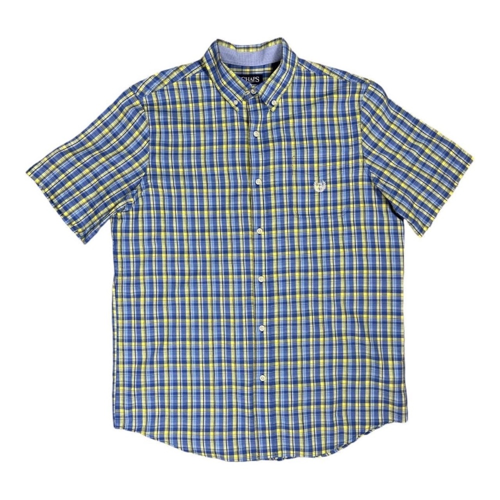 Chaps Blue Yellow Plaid Short Sleeve Button-Down Shirt Men's L EUC